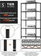 5 Tier Heavy Duty Adjustable Storage Shelf Organizer Storage Metal Shelves Garage Wire Shelving Unit Pantry Rack 18" D x 36" W x 71.25" H,Black