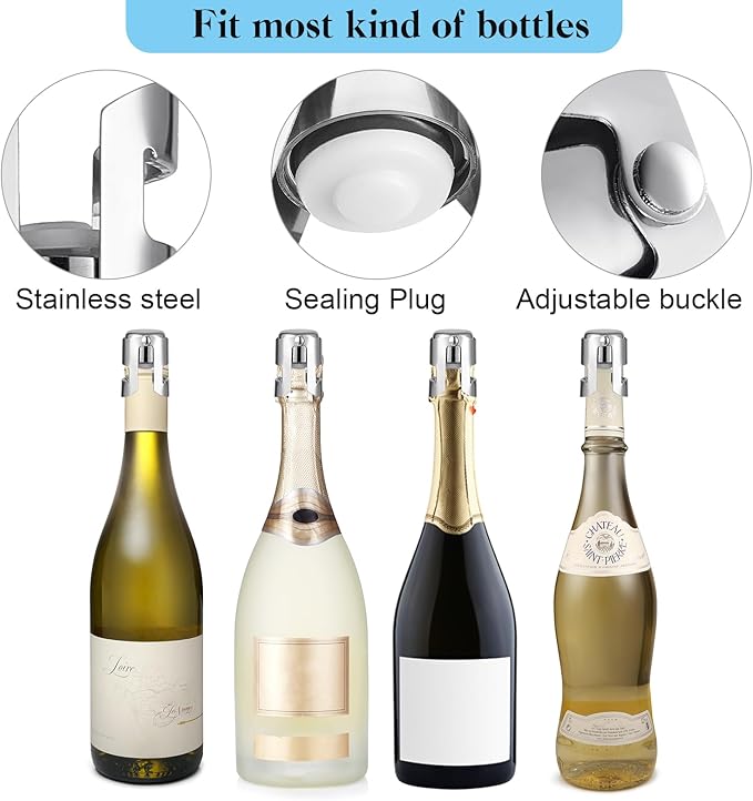 Tessco 18 Pcs Stainless Steel Champagne Stopper Reusable Bottle Sealer Wine Corker Champagne Cork Stopper with a Built in Sealing Plug Compact Saver Plug for Cava Prosecco (Silver)