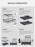 Dish Drying Rack, 2 Tier Dish Drainer with Removable Utensil Holder and Swivel, Durable High Carbon Steel Material, Larger Capacity, Easy Installation, Black