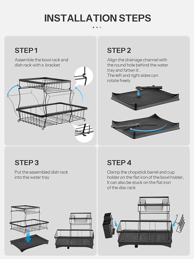 Dish Drying Rack, 2 Tier Dish Drainer with Removable Utensil Holder and Swivel, Durable High Carbon Steel Material, Larger Capacity, Easy Installation, Black
