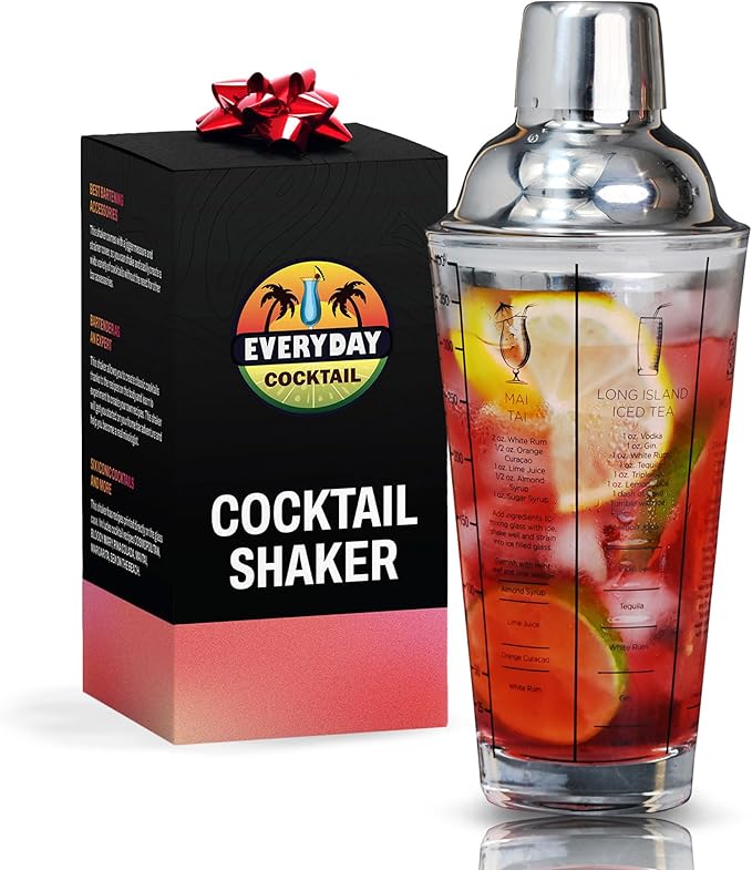 EVERYDAY COCKTAIL - Professional Glass Cocktail Shaker 14 oz, Martini Shaker with Recipes and Measurements, Built-in Strainer and Leakproof Seal, Clear Bar Tool for Margaritas, Martinis