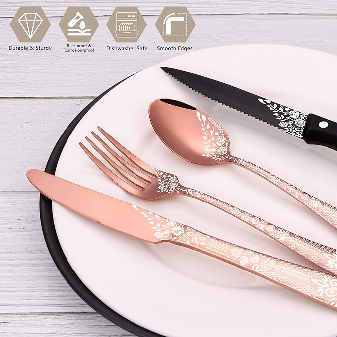 EUIRIO 48-Piece Rose Gold Silverware Set with Steak Knives, Flatware Set for 8, Stainless Steel Cutlery Set, Knives and Forks and Spoons Sets, Unique Pattern Design, Mirror Polish, Dishwasher Safe