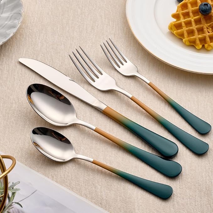 20-Piece Green Orange Silverware Set 18/0 Stainless Steel Silverware Set Green Orange Handle Cutlery Set Service for 4 Dinner Knives Forks Spoons Set Flatware Set Finish Dishwasher Safe