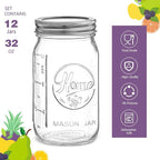 12 Pack Wide Mouth Mason Jars 32 oz - Heavy Duty Glass Quart Mason Jars With Airtight Lids for Pickling, Canning, Food Storage, Meal Prep and Fermenting, Leak Proof