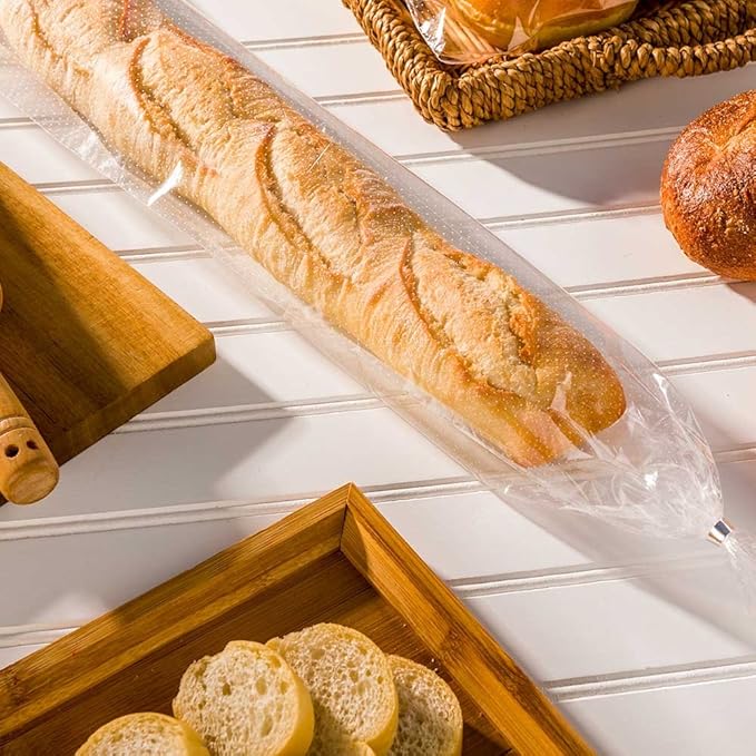 Restaurantware Bag Tek 28 Inch x 6 Inch Bread Bags 250 With Wicket Dispenser Bread Loaf Bags - Micro Perforated Freezer Safe Clear Plastic Baguette Bags Disposable