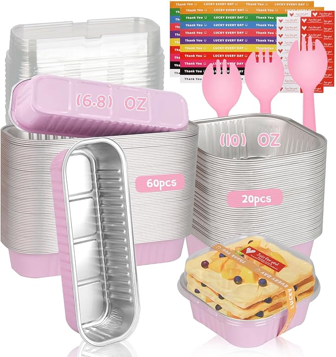 80 Pack Mini Loaf Pans Mini Cake Pans with Lids and Spoons Sealing Sticker, 6.8oz Rectangle Aluminum Foil Baking Pans Disposable Loaf Cake Pan for Baking (Pink, Mix Size)