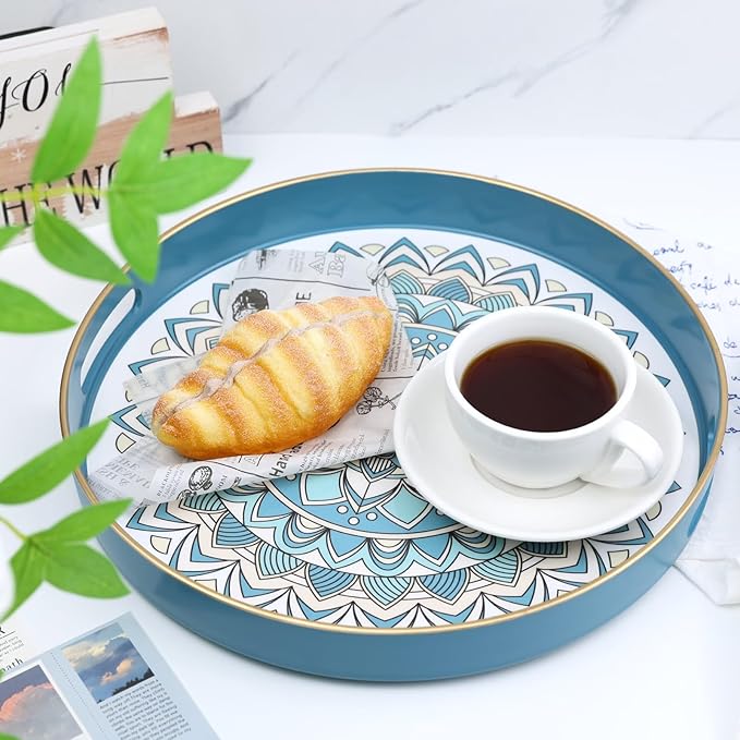 Round Cyan Decorative Tray for Coffee Table, Ottoman, 13” Plastic Serving Platter Tray with Handles for Entertaining, Living Room