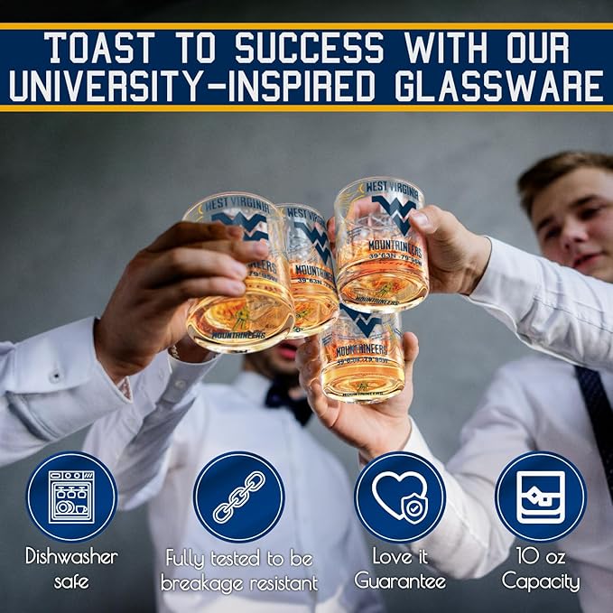 Greenline Goods – University of West Virginia Mountaineers College Whiskey Glasses (Set of 2), 10 oz – Full-Color Logo + Campus Map