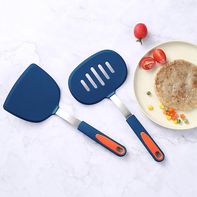 To encounter 2 Pieces Silicone Spatula set, Non-Stick Turner Spatulas, Heat Resistant Silicone Cooking Flipper for Eggs, Fish, Pancakes, Navy Blue