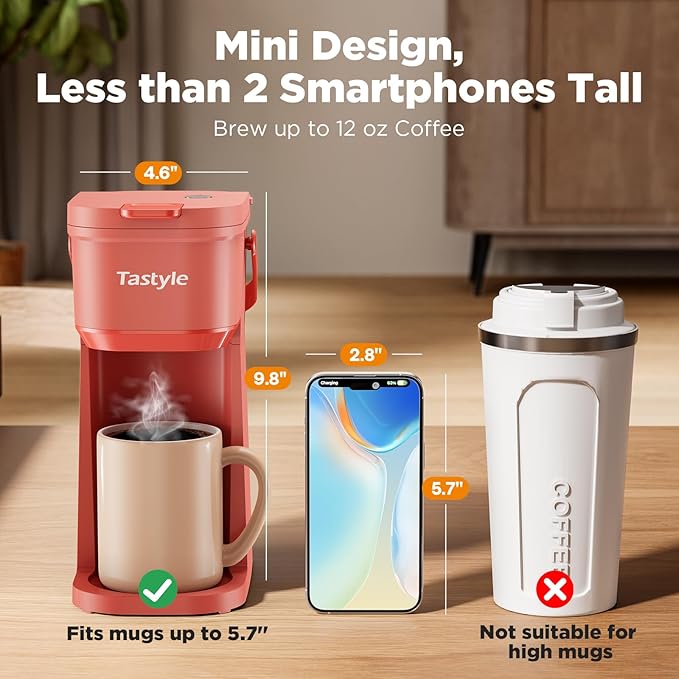 Single Serve One Cup Coffee Maker, for K Cups and Grounds, Mini Coffee Maker with Portable Handle, 6 to 12 Oz Brew Size, for Travel, Camping, Office, RV and Dorm, 120V, Salmon Pink