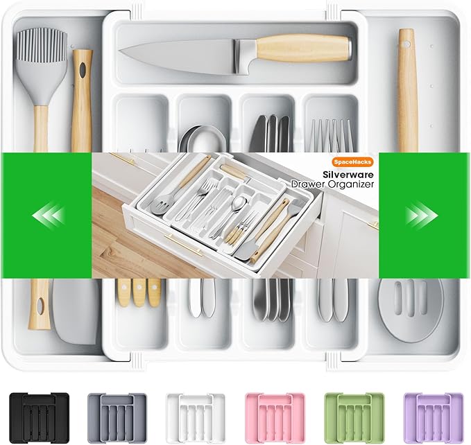 Silverware Organizer，Adjustable & Expandable Utensil Drawer Organizer, BPA Free Utensil Holder, Cutlery Tray for Forks, Spoons, Knives in Kitchen, Medium, White