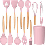 E-far Kitchen Utensils Set of 12, Silicone Cooking Utensils with Holder, Non-stick Cookware Friendly & Heat Resistant, Includes Spatula Tong Whisk Ladle Brush Slotted Turner Spoon(Pink)