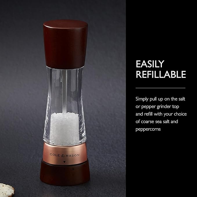 Cole & Mason Derwent Salt Mill - Gourmet Precision Salt Grinder - Refillable Seasoning and Spice Tools - Adjustable Seat, Himalayan and Kosher Salt Grinder Settings - Rose Gold