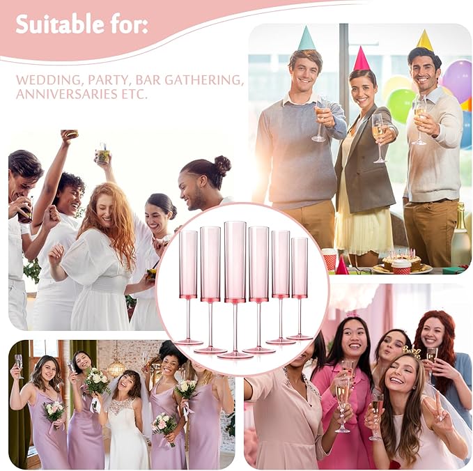 24 Pieces Acrylic Pink Champagne Flutes 5.4 OZ Square Champagne Glasses Stemmed Coupes Reusable Wedding Toasting Glasses Rose Bride Wine Glasses For Birthday Party Wedding Anniversary Christmas