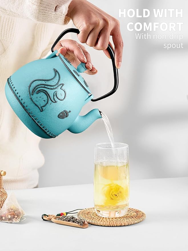 Toptier Teapot with Removable Infuser, Cast Iron Tea Kettle Stovetop Safe, Squirrel Design Tea Pot Coated with Enameled Interior for 32 Ounce (950 ml), Blue