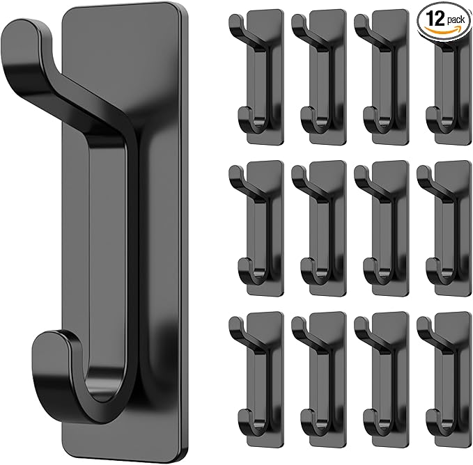 Self Adhesive Wall Hooks for Hanging: Extra Strong 13 LB, Hook for Coat, Towel in Bathrooms, Shower, Kitchen, Wall, Door Hook, Black 12 Pack