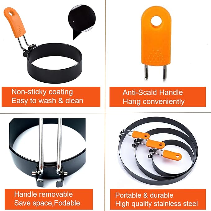 Upgrade 4" Large Egg Rings Set for Griddle,4 Packs Non-stick Stainless Steel Round Egg Ring for Frying Egg Pancake Mold Ring Omelette Ring Shapper for Muffin with 1X Oil Brush & 1X Egg Separator