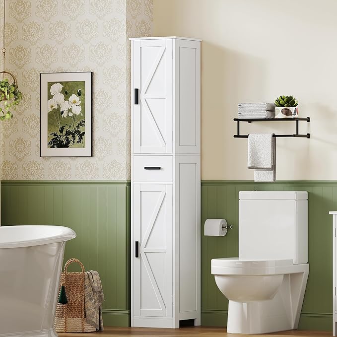 WEENFON 67 Tall Bathroom Cabinet with 6 Shelves & 1 Drawer, Narrow Storage Cabinet with Adjustable Shelves, Silm Cabinets for Bathroom, Living Room, Kitchen, White
