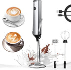 YARRAMATE Rechargeable Milk Frother Wand Handheld With Stand, 3 Speed Adjustable Drink Mixer with 2 Whisks, Stainless Steel Electric Stirrer for Coffee, Lattes, Protein Shakes, Matcha, Egg