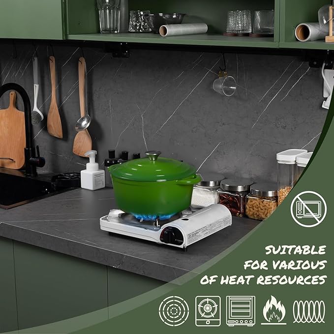 Overmont Enameled Cast Iron Dutch Oven - 5.5QT Pot with Lid Cookbook & Cotton Potholders - Heavy-Duty Cookware for Braising, Stews, Roasting, Bread Baking green