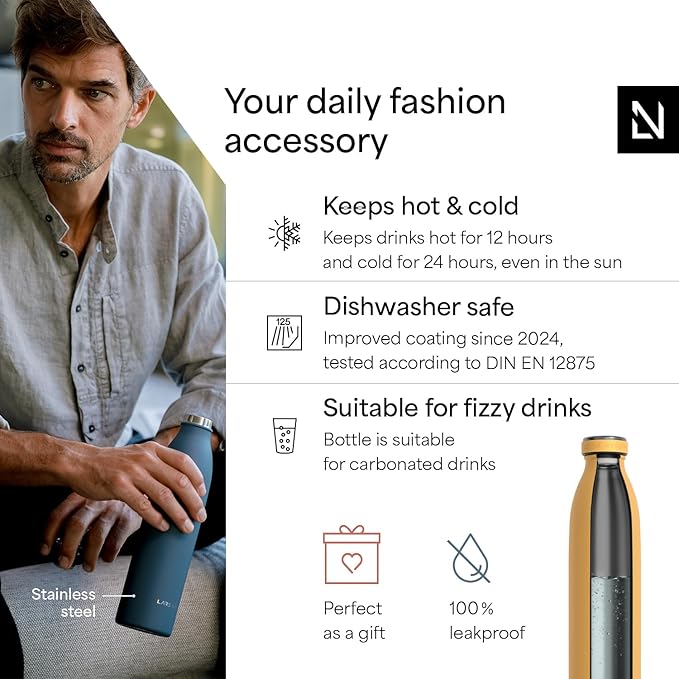 LARS NYSØM Stainless Steel Insulated Water Bottle 12 oz 17 oz 25 oz 34 oz 51 oz | Insulated Thermo Flask for Hot and Cold Beverages | Leakproof Drinking Bottle (Mustard Yellow, 25.4 oz)