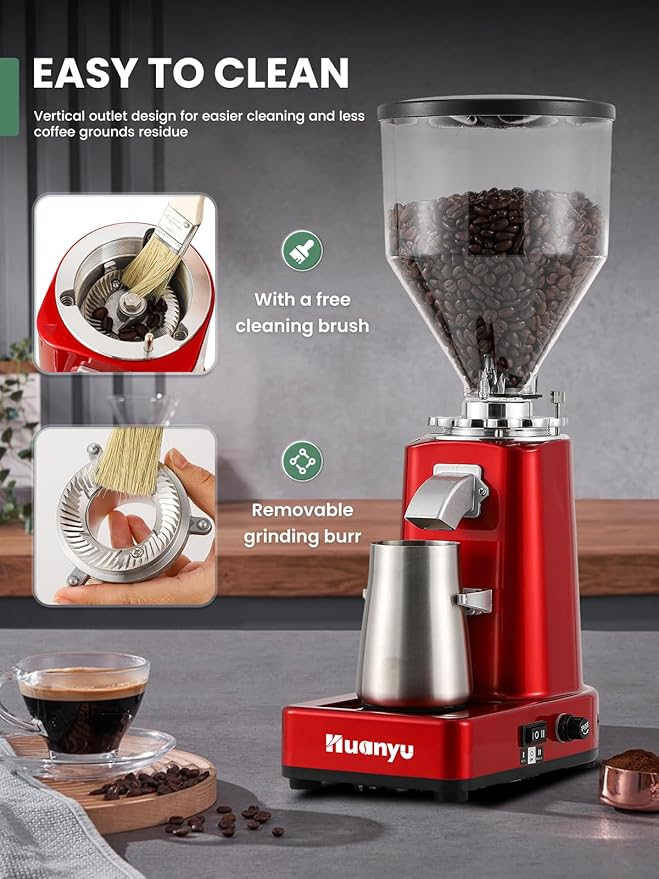 Huanyu Burr Coffee Grinder- Stainless Steel Flat Burr, 19 Precise Grind Settings, 35oz Capacity and Dual Dosing for Espresso, Hand Punch, French Press Red