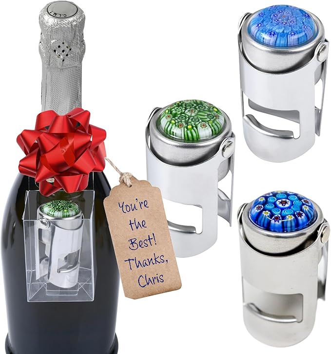 Millefiori Glass Champagne Stopper – With an Airtight Seal Protects Sparkling Wine, Prosecco, and Cava CO2 & Taste – Hanging Box for Champagne Gifts by Evan James Designs, Dark Green
