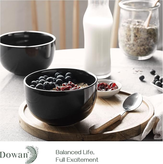 DOWAN 5.8" Deep Soup Bowls & Cereal Bowls - 30 Ounces Large Bowls Set of 4 for Kitchen - Ceramic Bowls for Cereal, Soup, Oatmeal, Salad, Ramen, Noodle, Rice - Dishwasher & Oven Safe (Black)