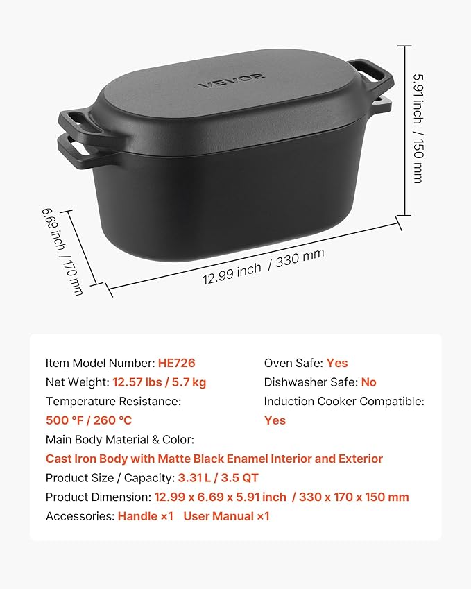 VEVOR Enameled Cast Iron Dutch Oven, 3.5 Quart Pot with Lid and Dual Handles, Heavy-Duty Durable Cookware Pan, Oven Induction Compatible up to 500℉, for Braising, Stews, Roasting, Bread Baking, Black