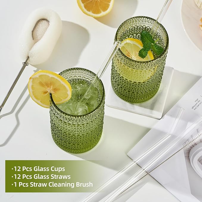 16oz Hobnail Drinking Glasses Set of 12, Vintage Large Capacity Embossed Green Tumblers, Highball Glasses for Water, Cocktail, Beer, Whiskey, Juice & Bar Use