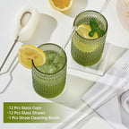 16oz Hobnail Drinking Glasses Set of 12, Vintage Large Capacity Embossed Green Tumblers, Highball Glasses for Water, Cocktail, Beer, Whiskey, Juice & Bar Use