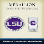 Heritage Pewter LSU Lousianna State University Square Shot Glass | Hand-Sculpted 1.5 Ounce Shot Glass | Intricately Crafted Metal Pewter Alma Mater Inlay