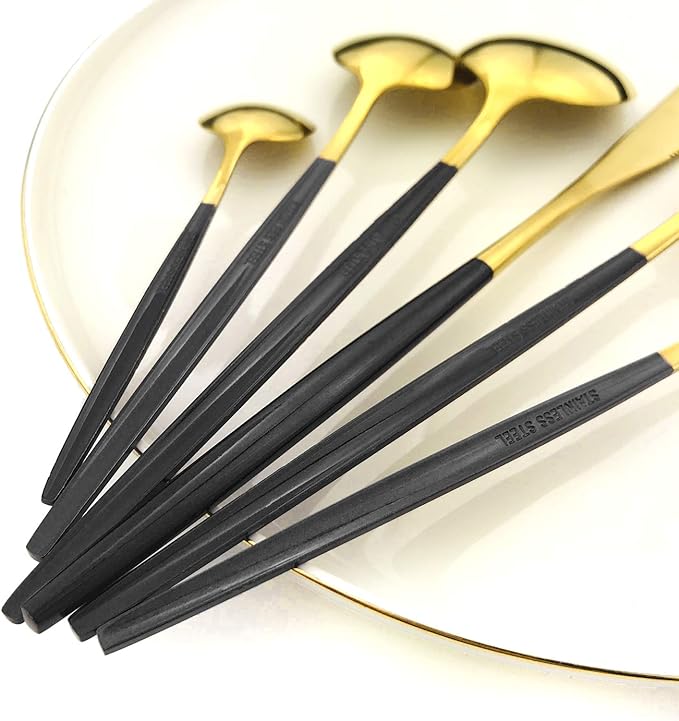 24Pcs Gold Mirror Silverware Flatware With Black Handle, 18/0 Stainless Steel Cutlery Set Utensils Kitchen Dinnerware Include Knife Fork Spoon and Teaspoon, Service for 4