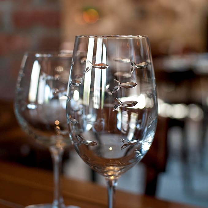 Rolf Glass School of Fish 18oz All Purpose Wine Glass | Set of 4 | Large Wine Glasses | Lead-free Crystal Glass | Engraved Wine Glasses | Made in the USA
