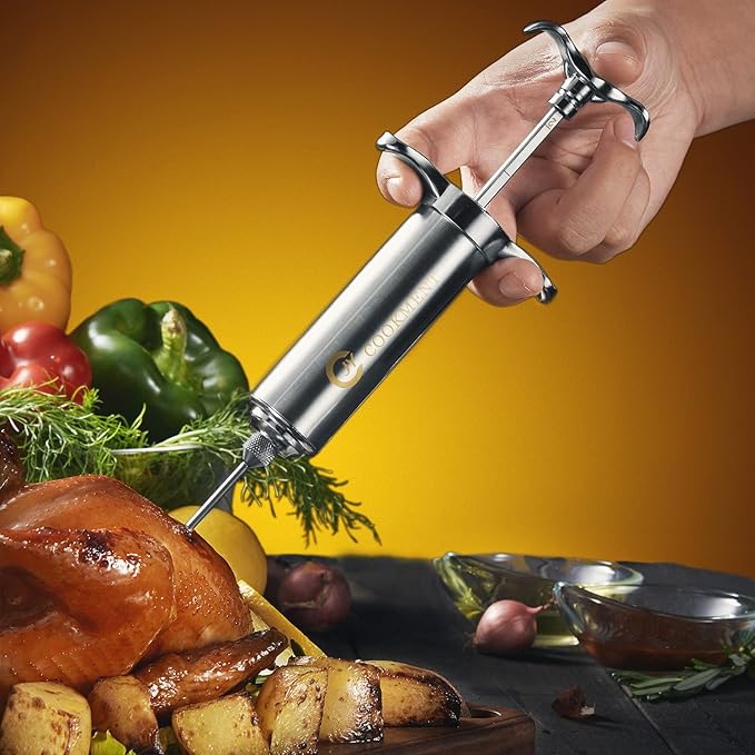 Meat Injector Syringe 2-oz Marinade Flavor Barrel 304 Stainless Steel with 3 Marinade Needles, Travel Case for BBQ Grill Smoker, Turkey, Brisket, Paper Instruction and E-book Included by JY COOKMENT