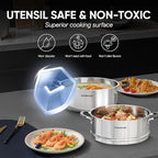 Sunhouse - 4.6 Quarts Steamer Pots With Lid 2-Tier Multipurpose Stainless Steel Steaming Pot Cookware For Vegetable, Dumpling, Sauce, Food - Triple Bottom, Measurement Line