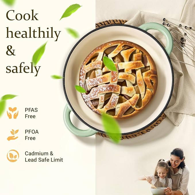 Overmont Enameled Cast Iron Dutch Oven - 5.5QT Pot with Lid Cookbook & Cotton Potholders - Heavy-Duty Cookware for Braising, Stews, Roasting, Bread Baking Verdant