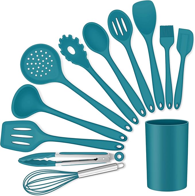 LIANYU 12-Piece Silicone Kitchen Cooking Utensils Set with Holder, Kitchen Tools Include Slotted Spatula Spoon Turner Ladle Tong Whisk, Dishwasher Safe, Dark Blue