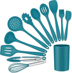LIANYU 12-Piece Silicone Kitchen Cooking Utensils Set with Holder, Kitchen Tools Include Slotted Spatula Spoon Turner Ladle Tong Whisk, Dishwasher Safe, Dark Blue