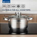 Daniks Standard Stainless Steel Stock Pot with Glass Lid – Induction 3 Quart, Dishwasher Safe, Measuring Scale, For Soup, Pasta, Stew, Silver