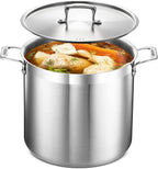 Stainless Steel Stockpot with Lid 16 Quart, Durable 18/8 Stainless Steel, Impact-Bonded Base for Even Heating, Riveted Handles, Oven & All Stove Compatible, Safe Up To 500°F (260°C)