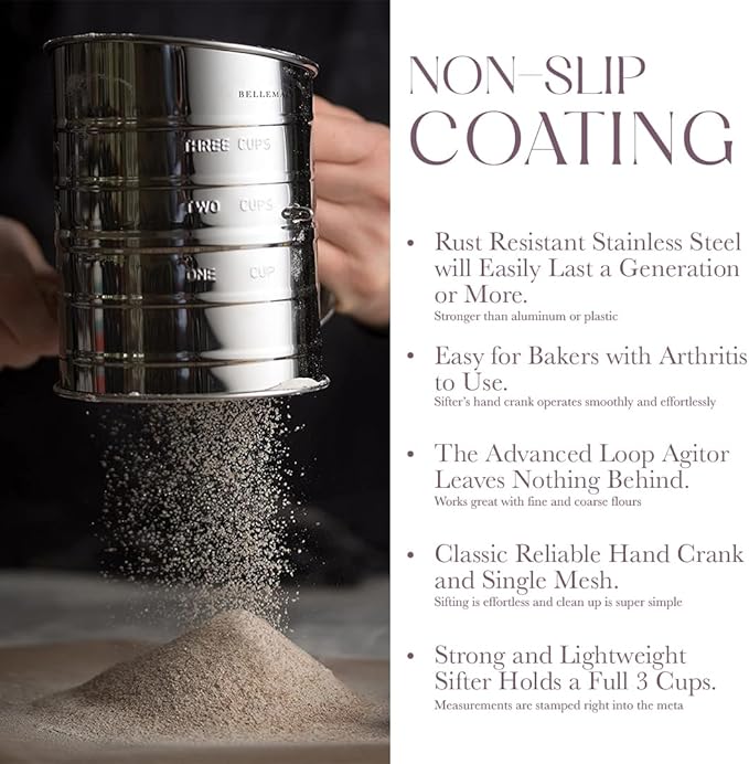 Bellemain 3 Cup Flour Sifter for Baking Fine Mesh Rotary Hand Crank with Loop Agitator for Quick Sifting, Flour Sifter Stainlees Steel