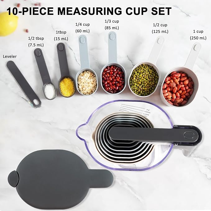 12-Piece Measuring Cups and Spoons Set with Stackable Measuring Cup, Lid, and 2 Grey Silicone Bread Slings, Unique Kitchen Gadgets for Baking and Cooking, BPA-Free, Dishwasher Safe