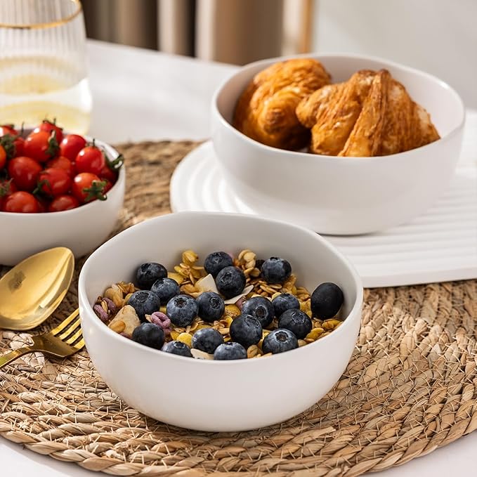 AmorArc Stoneware Cereal Bowls for Kitchen, 28oz Large Ceramic Soup Bowls Set of 4 for Meal, Snacks,Soup, Oven, Microwave&Dishwasher safe Kitchen Bowls with Wavy Rim, Matte White
