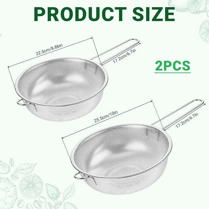 2 Pack Stainless Steel Colander with Handle 8.8" and 10" Kitchen Metal Basin Colander Handheld Mesh Strainer Deep Fry Basket Colander for Strain, Fry or Cook Vegetables, Pasta, Wash fruits