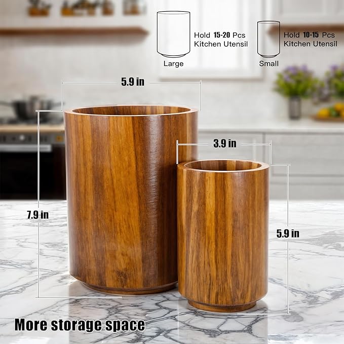 Large Acacia Wood Utensil Holder for Kitchen Counter, 360° Rotating Kitchen Utensil Holder, Set of 2 (7.9" & 5.9"), Rustic Farmhouse Decor Accessories