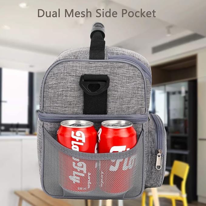 FlowFly Double Layer Cooler Insulated Lunch Bag Adult Lunch Box Large Tote Bag for Men, Women, With Adjustable Strap,Front Pocket and Dual Large Mesh Side Pockets