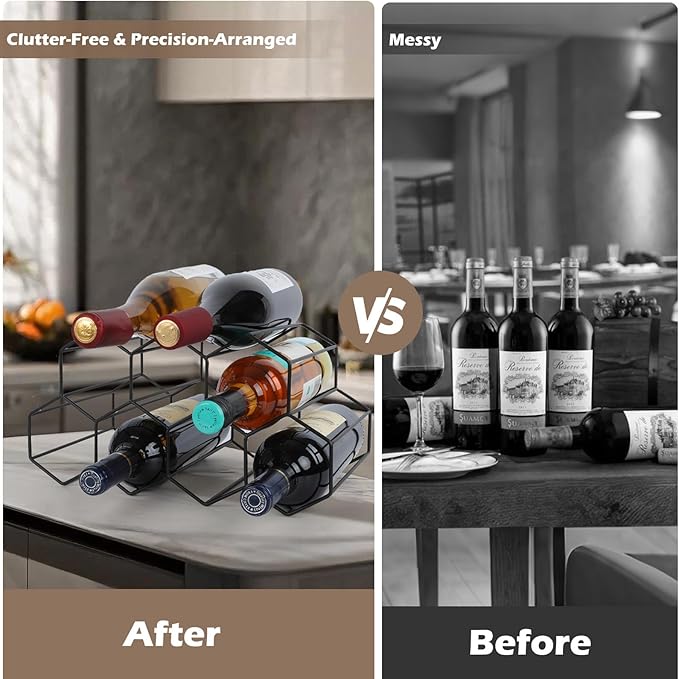 Black Wine Racks Countertop 9 Bottle,Geometric Stainless Steel Wine Bottle Holder,Compact Small Wine Rack for Cabinet Pantry Bar Table No Assembly Required