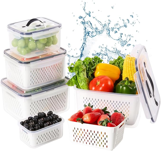 LUXEAR Larger 5PCS Fruit Storage Containers For Fridge, Produce Vegetable Saver Container with Lid Colander Vent Handle, BPA-Free Refrigerator Microwave Dishwasher Safe, Keep Fruits Veggie Food Fresh