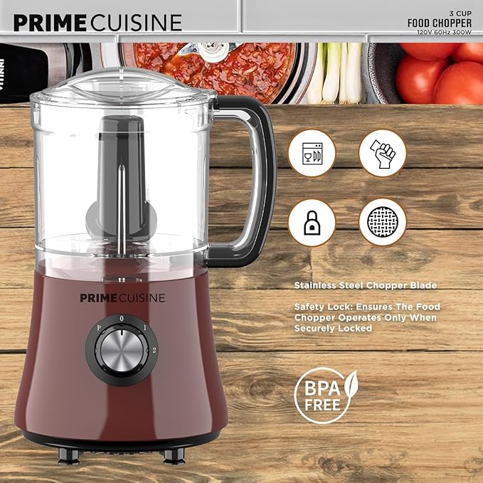Electric Vegetable Chopper & Food Processor, 3 Cup Capacity, For Mincing, Emulsify and Puree, Burgundy
